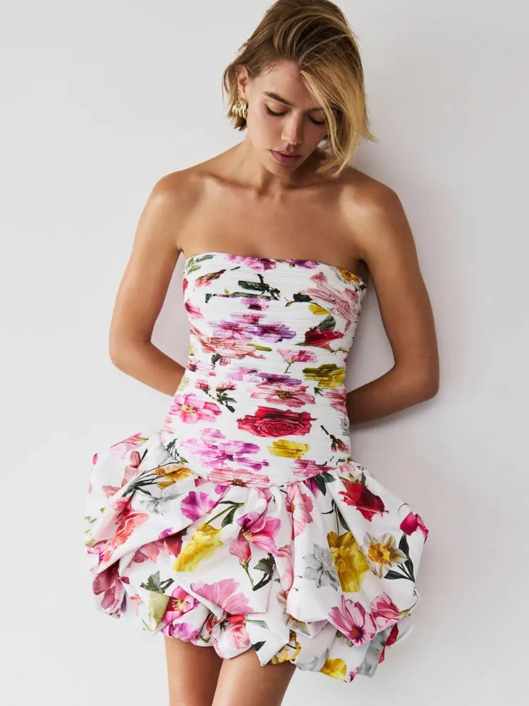 Sexy Strapless Printed Ruffles Folds Deign Mini A-line Dress