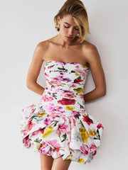 Sexy Strapless Printed Ruffles Folds Deign Mini A-line Dress