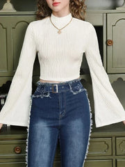 Casual Black Mock Neck Flare Long Sleeve Crop Top