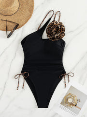 Sexy One Shoulder Swimwear Women Vintage 3D Flower Black Leopard Print Drawstring Side Slim Bathing Suit One Piece Swimsuit