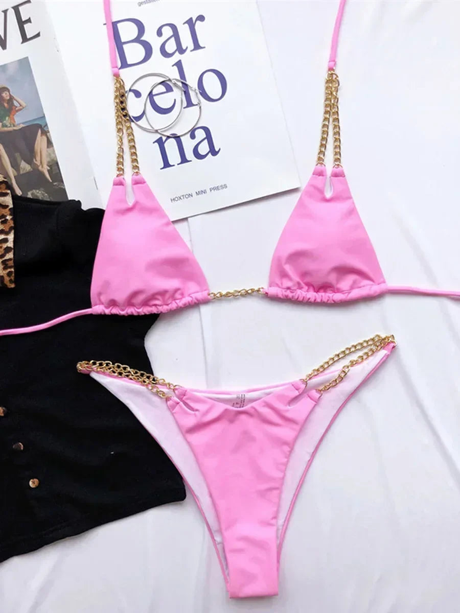 Sexy Halter Metal Chains Brazilian Bikini