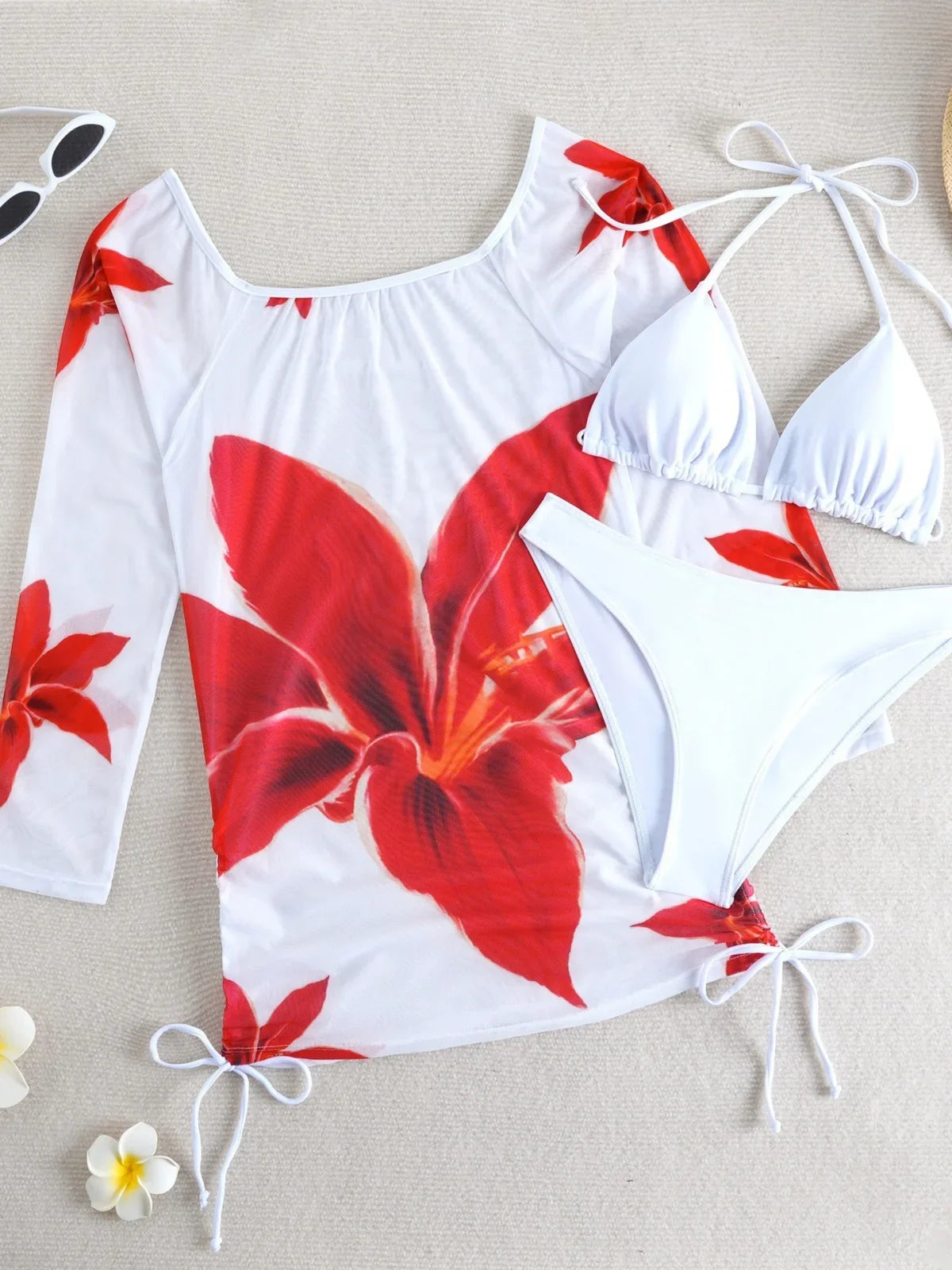 Sexy White Red Floral Print Bikini Set