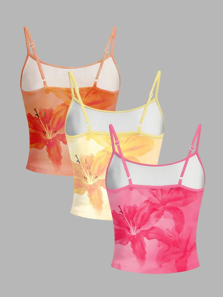 3 Pack Watercolor Lily Print Crop Cami Top