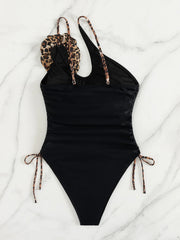 Sexy One Shoulder Swimwear Women Vintage 3D Flower Black Leopard Print Drawstring Side Slim Bathing Suit One Piece Swimsuit
