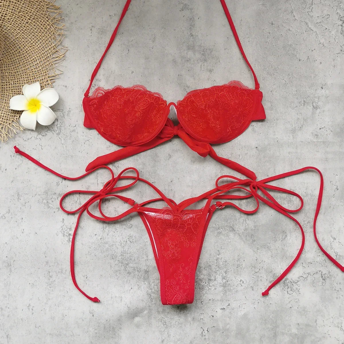 Sexy White Floral Embroidery Bikini Set