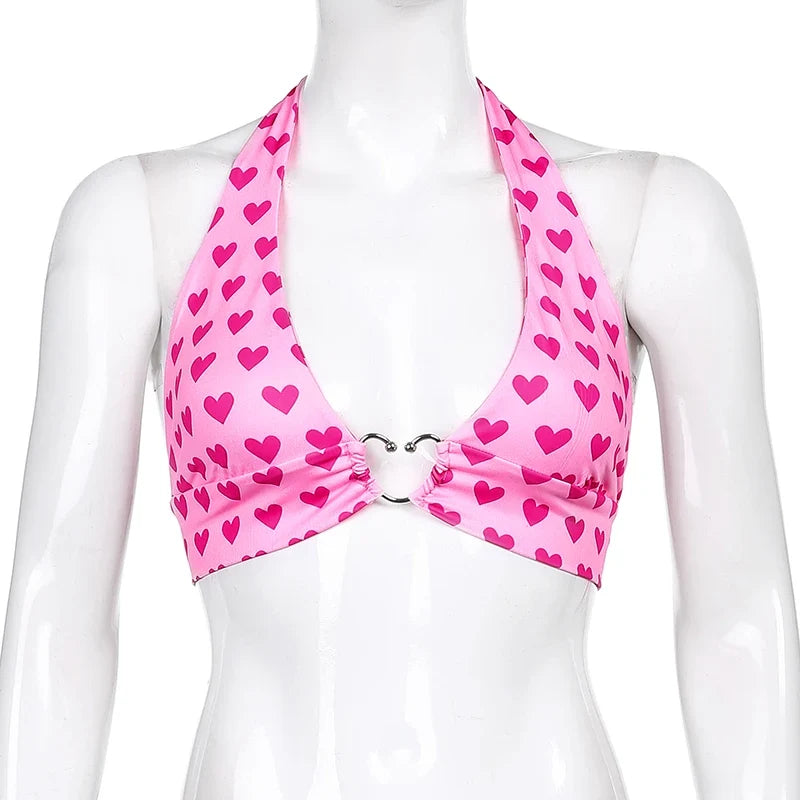 Pink Heart Print Cute Bustier Crop Top