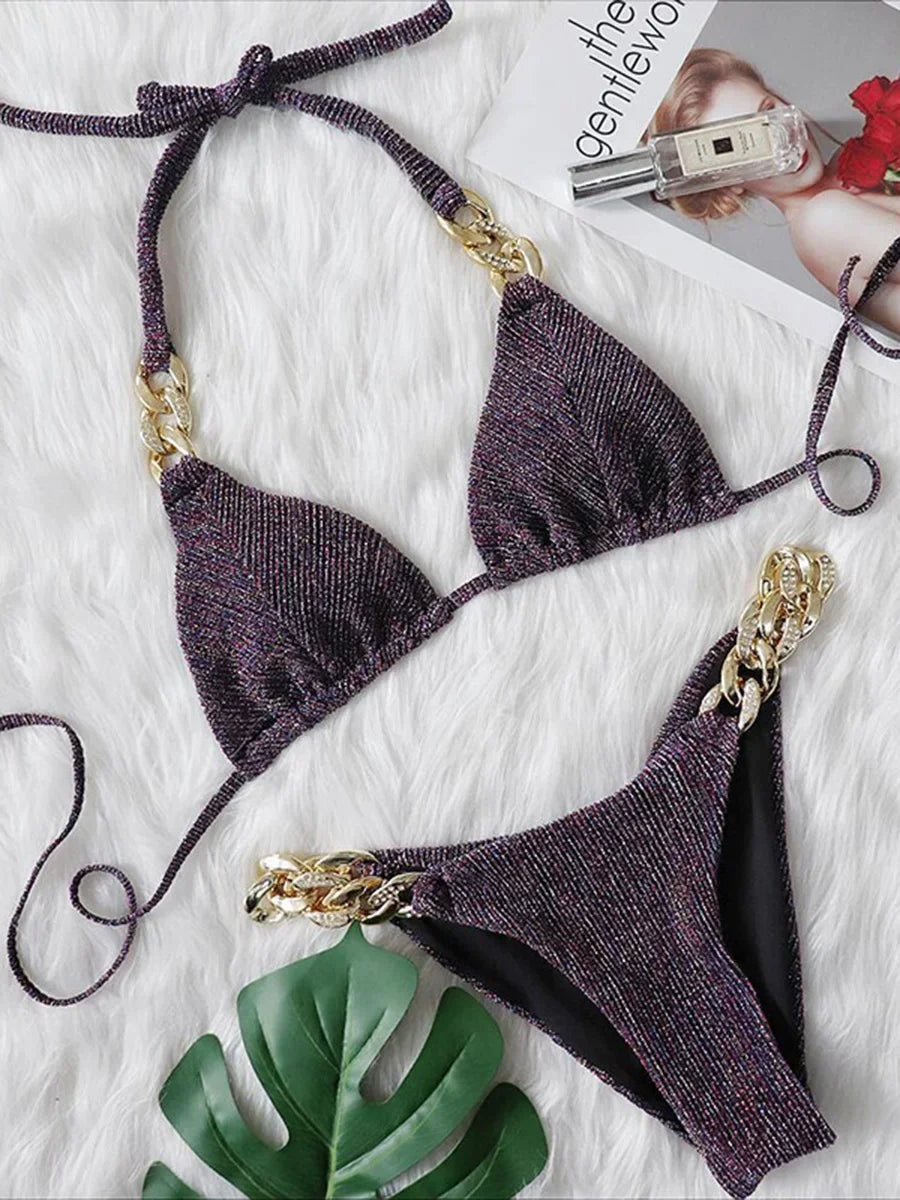 Halter Ribbed Metal Chains Diamond Bikini