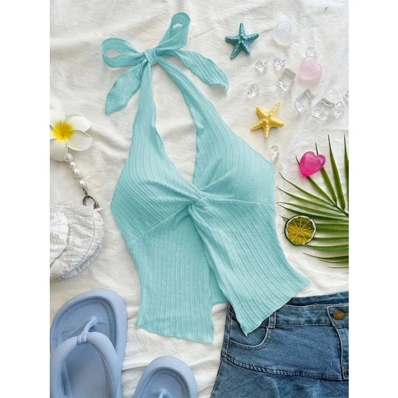 Y2K Sexy V-neck Halter Neck Crop Top