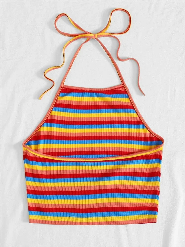 Rainbow Rib-knit Striped Halter Top