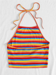 Rainbow Rib-knit Striped Halter Top