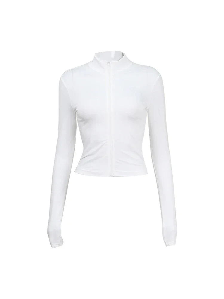Long sleeved semi high neck zipper cardigan short style tight fitting spicy girl style fashionable crop Top