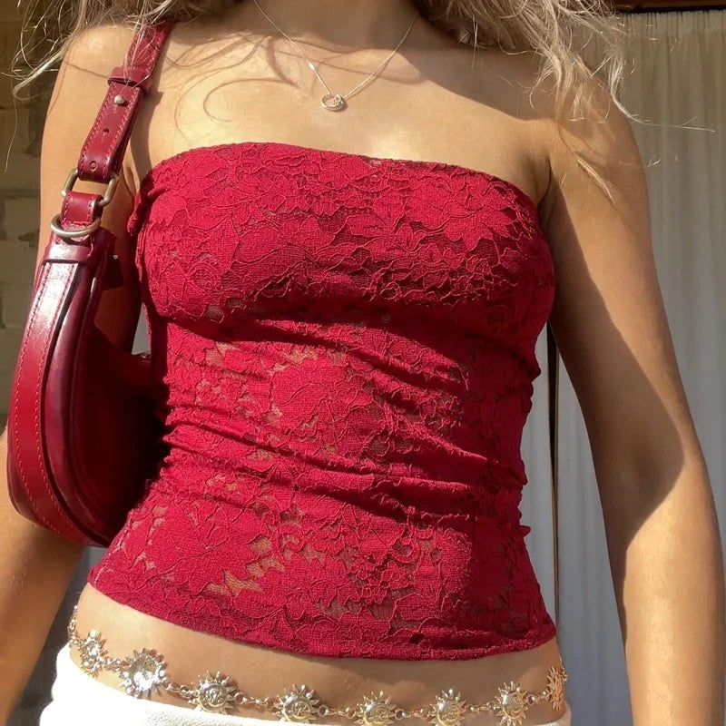Boho Beach Holiday Strapless Camis Bandeau Fairycore Floral Lace Sleeveless Crop Tops