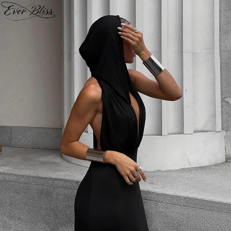 Black Hooded Deep V Neck Form-Fitting Maxi Dress