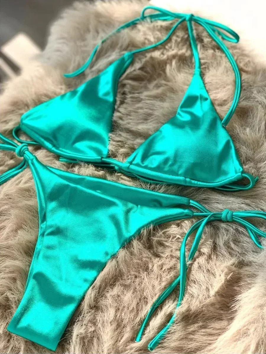 Wrap Around Halter Metallic Satin Bikini