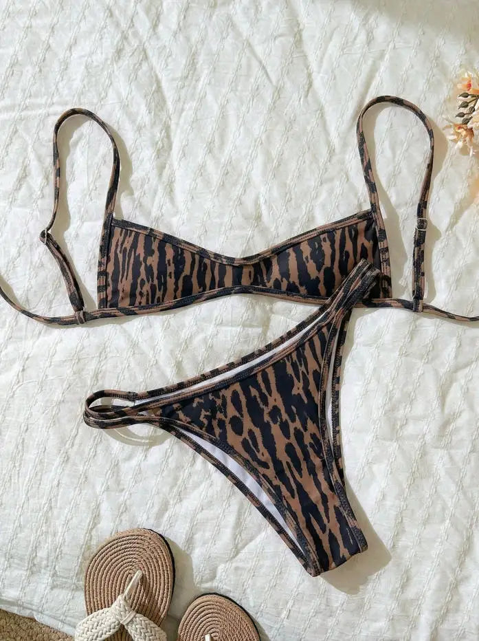 Sexy Coffee Polka Print Patchwork Bikini Set