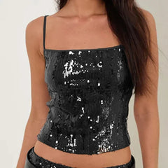 Y2k Sequin Glitter Camisole Sparkly Spaghetti Strap Slim Fit Crop Tops