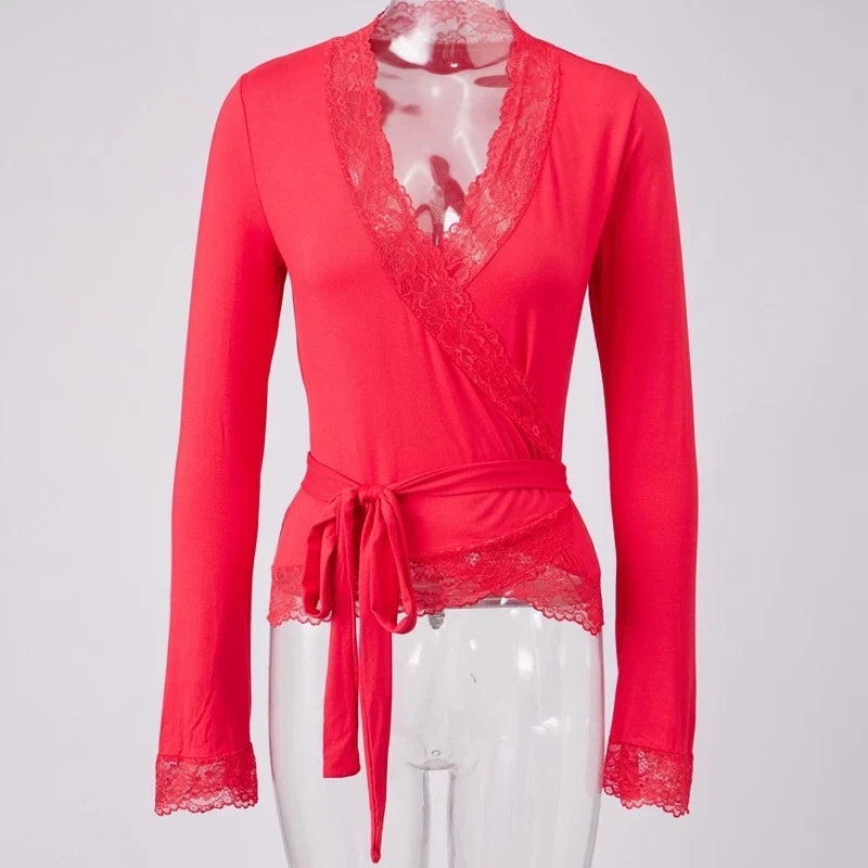 Lace Trim Wrap V Neck T-shirt