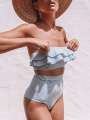 Striped Top Ruffle High Waist Bikini