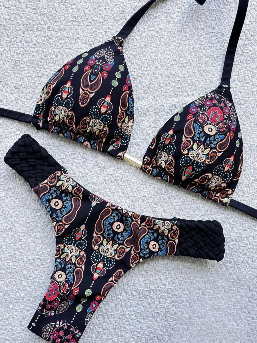 Print Halter Braided Rope Mini Thong Bikini