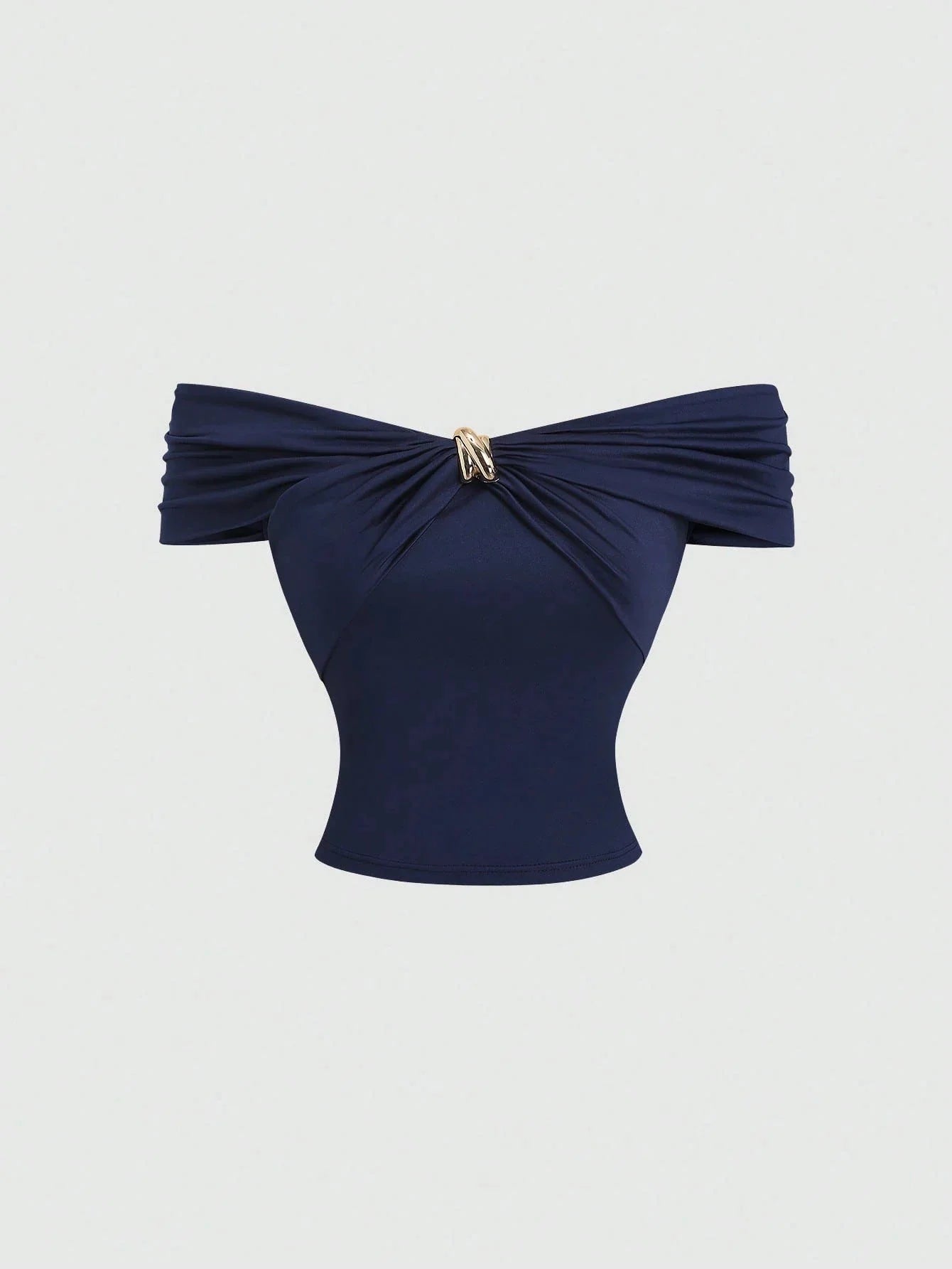 Off-Shoulder Pleating Metal Buckle Decor Crop Top