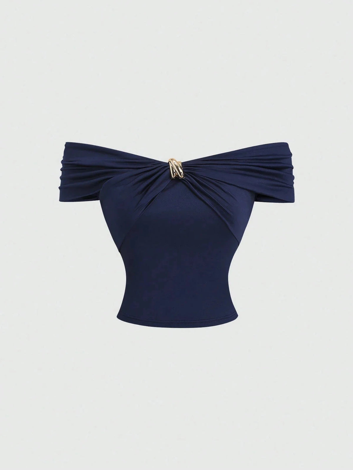 Off-Shoulder Pleating Metal Buckle Decor Crop Top