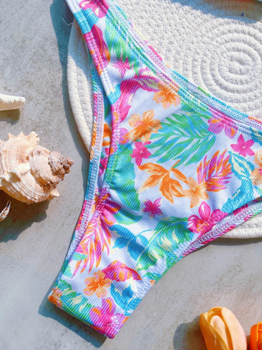 Ribbed Floral Printed Bandeau Bikini