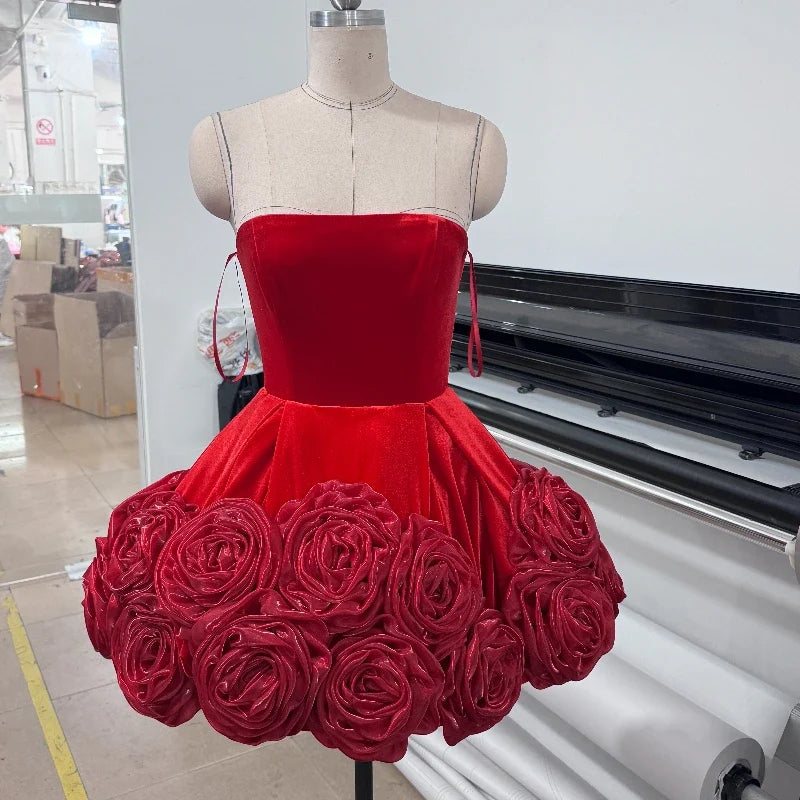 Red Color Sexy Strapless Ball Gown Mini Celebrity Nightclub Party Dress