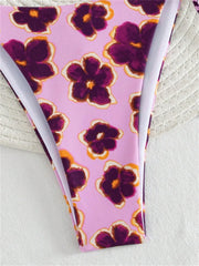 Cute Purple Flower Print Bikini Set