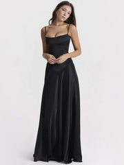 Lace-up Black Satin Maxi Dress