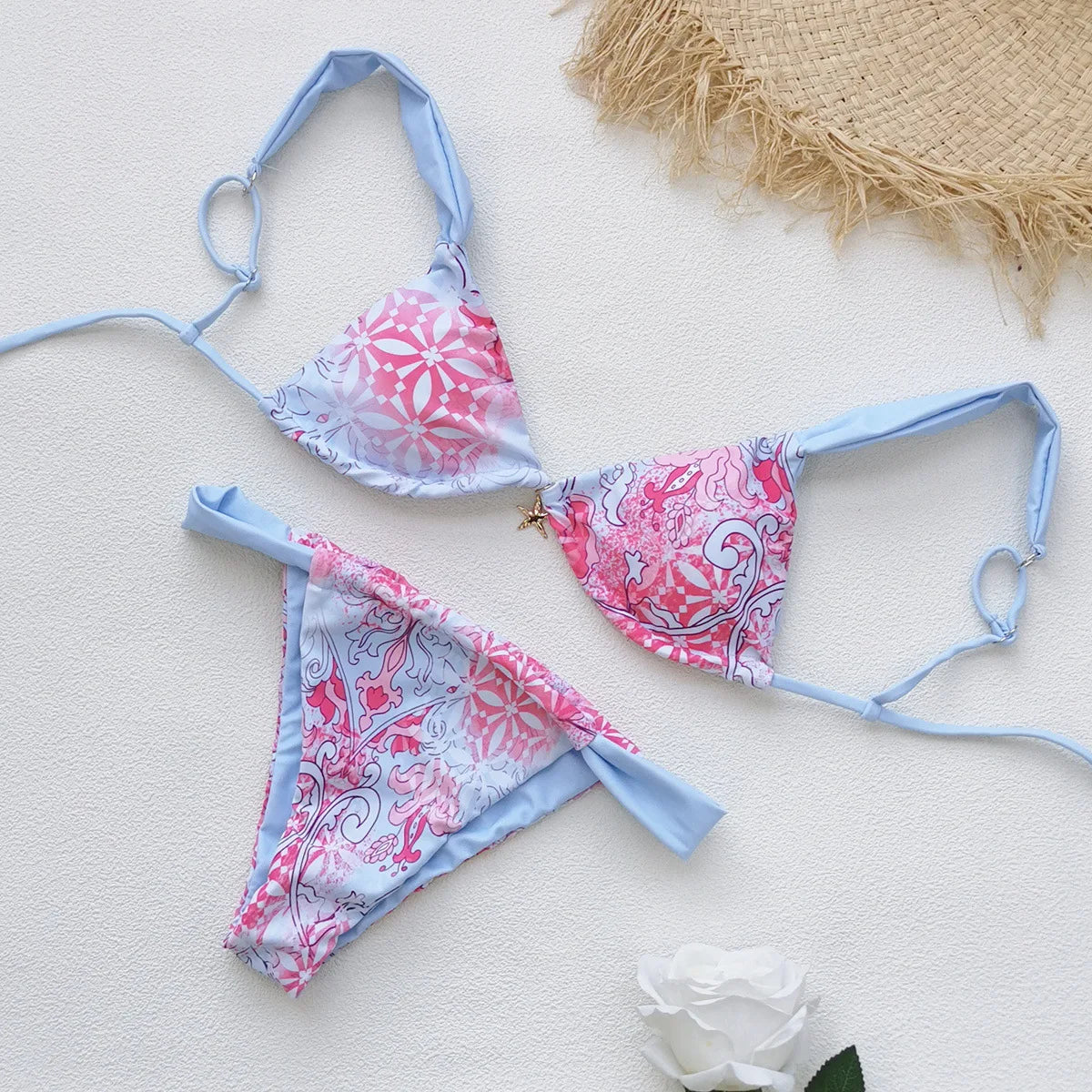 Sexy Sky Blue Floral Print Bikini Set
