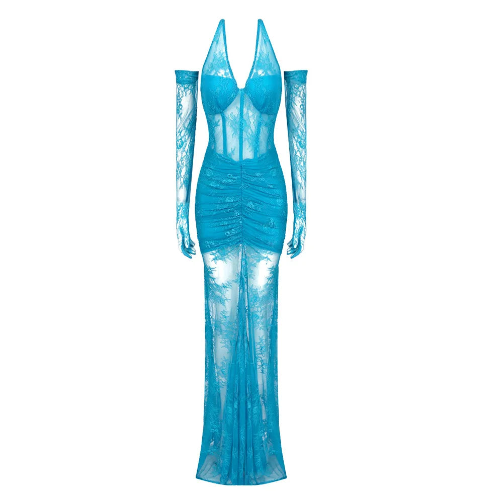 Sexy Lace V-neck Pleated Backless Party Dress