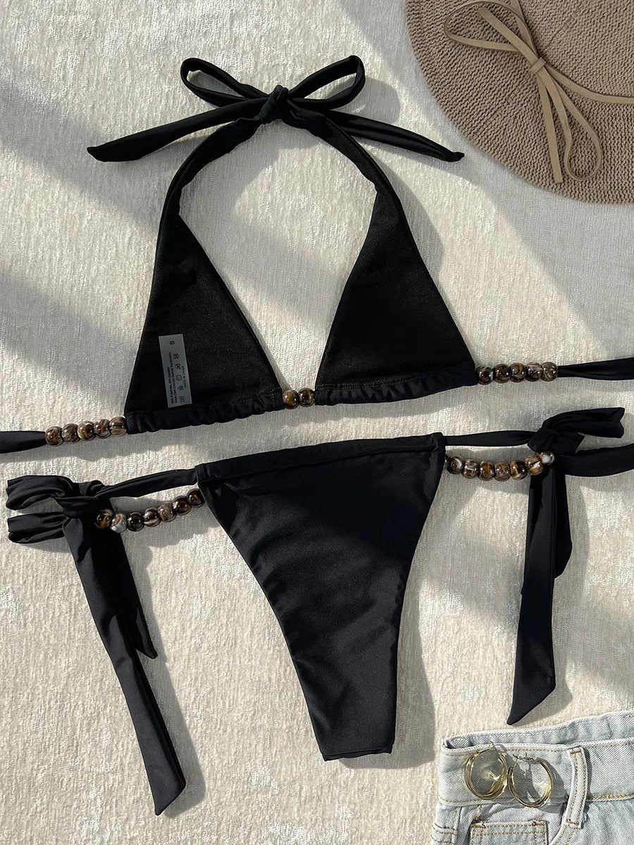 Sexy Beads Halter High Leg Cut Strappy Bikini