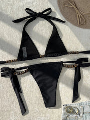 Sexy Beads Halter High Leg Cut Strappy Bikini