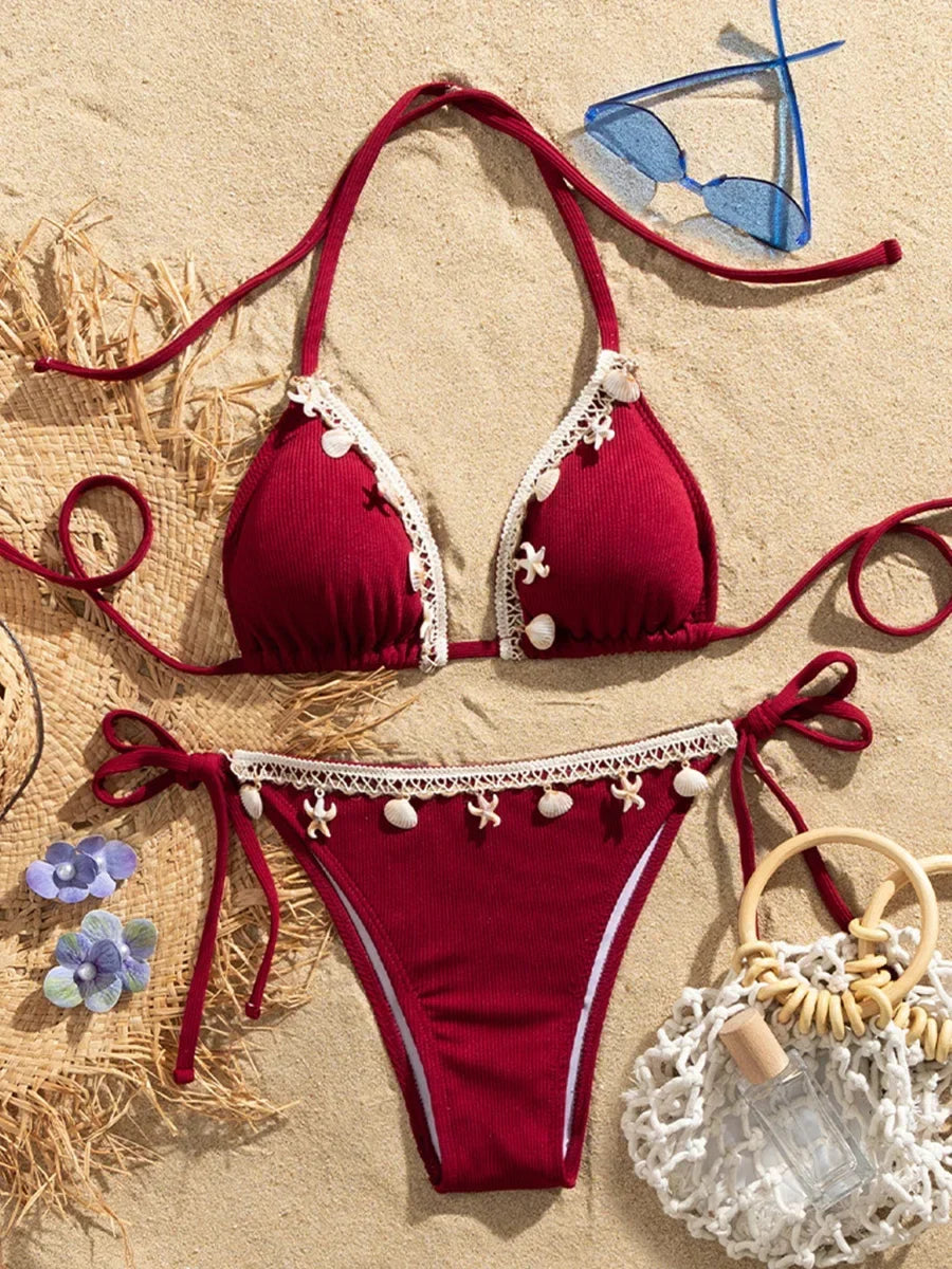 Shell Decoration Halter String Strappy Bikini
