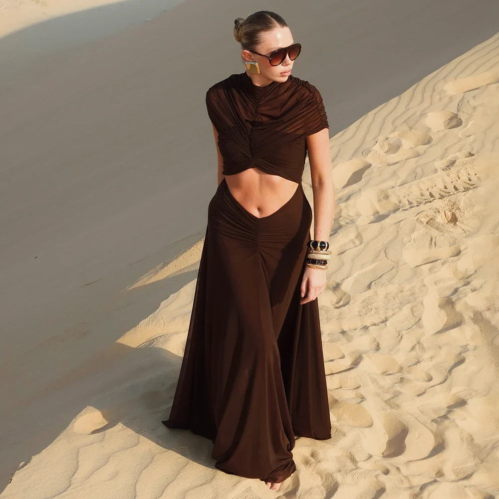 Crew Neck Sheer Mesh Smocked Tiered Hollow Out Long Prom Dress