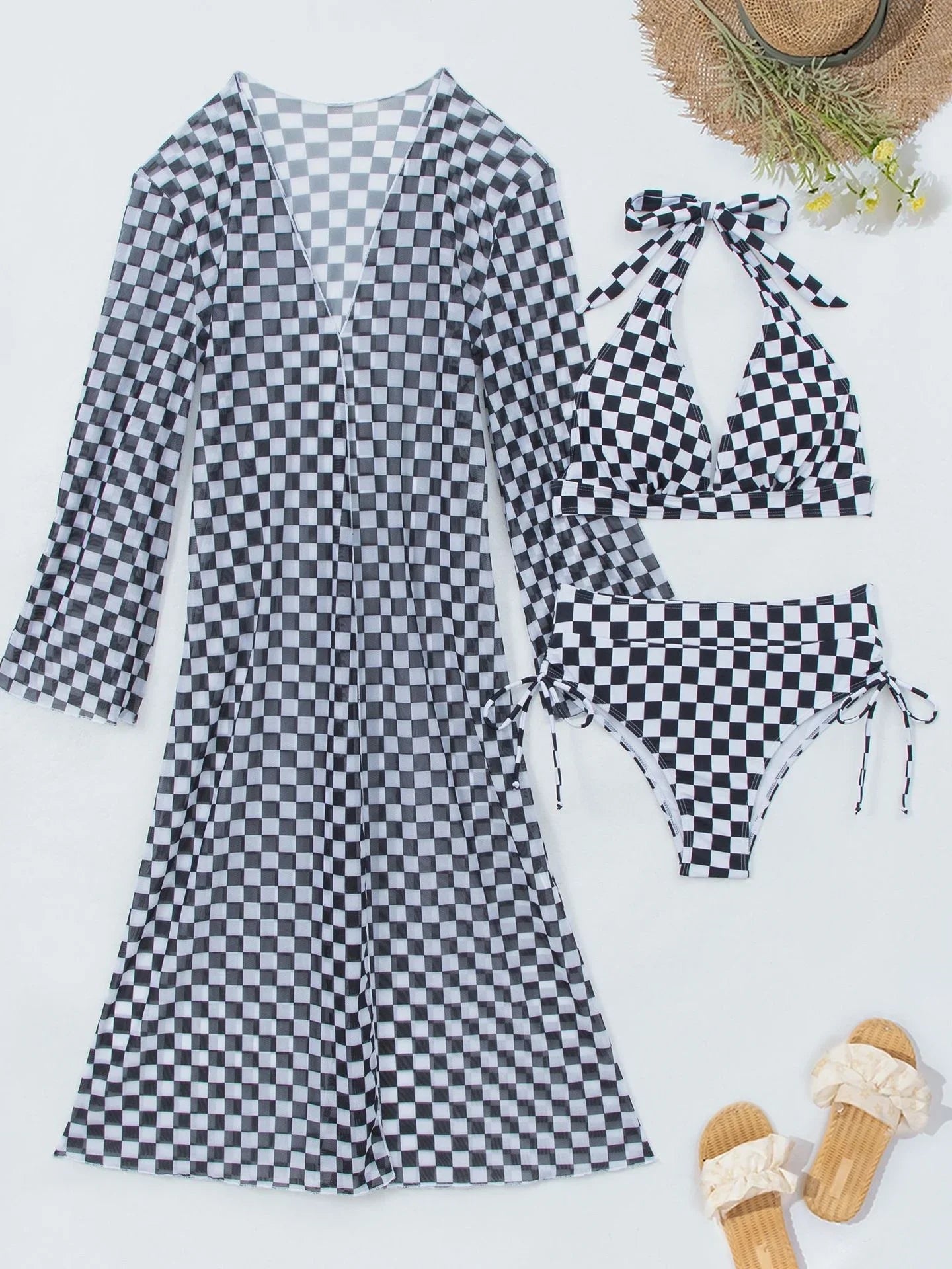 Vintage Black Plaid Print Long Sleeve Cover Up Bikini Set