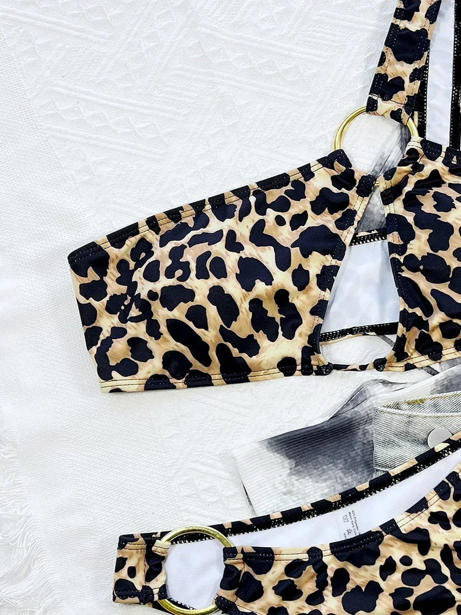 Leopard One Shoulder Hollow Out Bikini