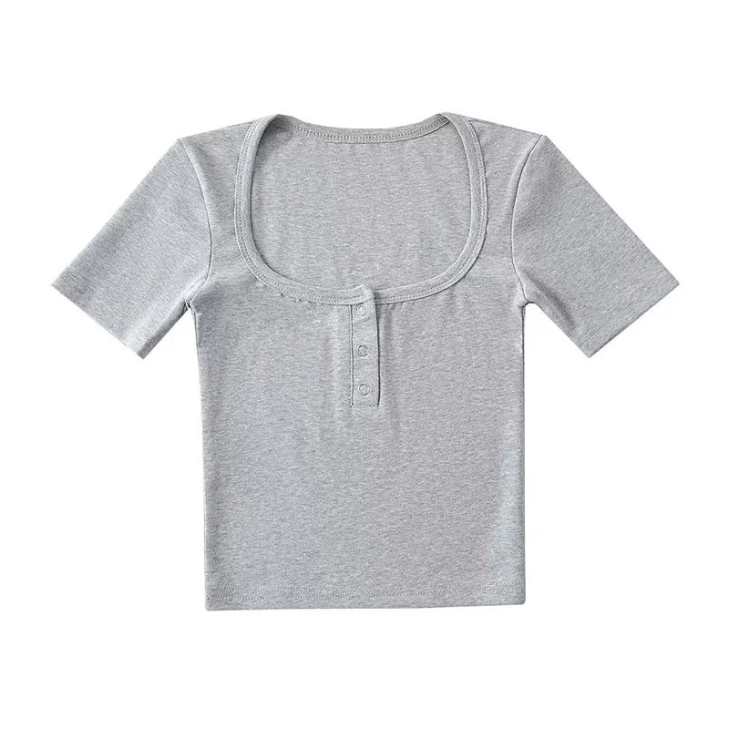 Button Front Short Sleeved Crop T-shirt