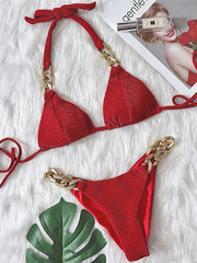 Halter Ribbed Metal Chains Diamond Bikini
