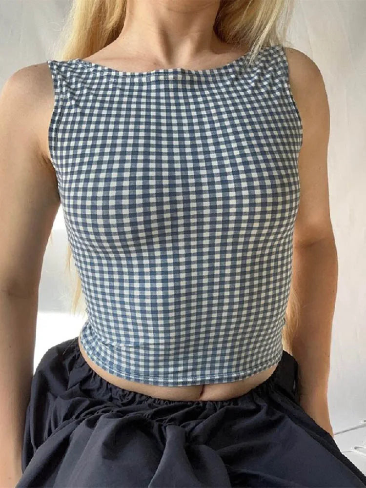 Korean Backless Plaid Print Bow Tie Sleeveless Crop Top