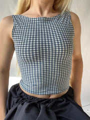 Korean Backless Plaid Print Bow Tie Sleeveless Crop Top
