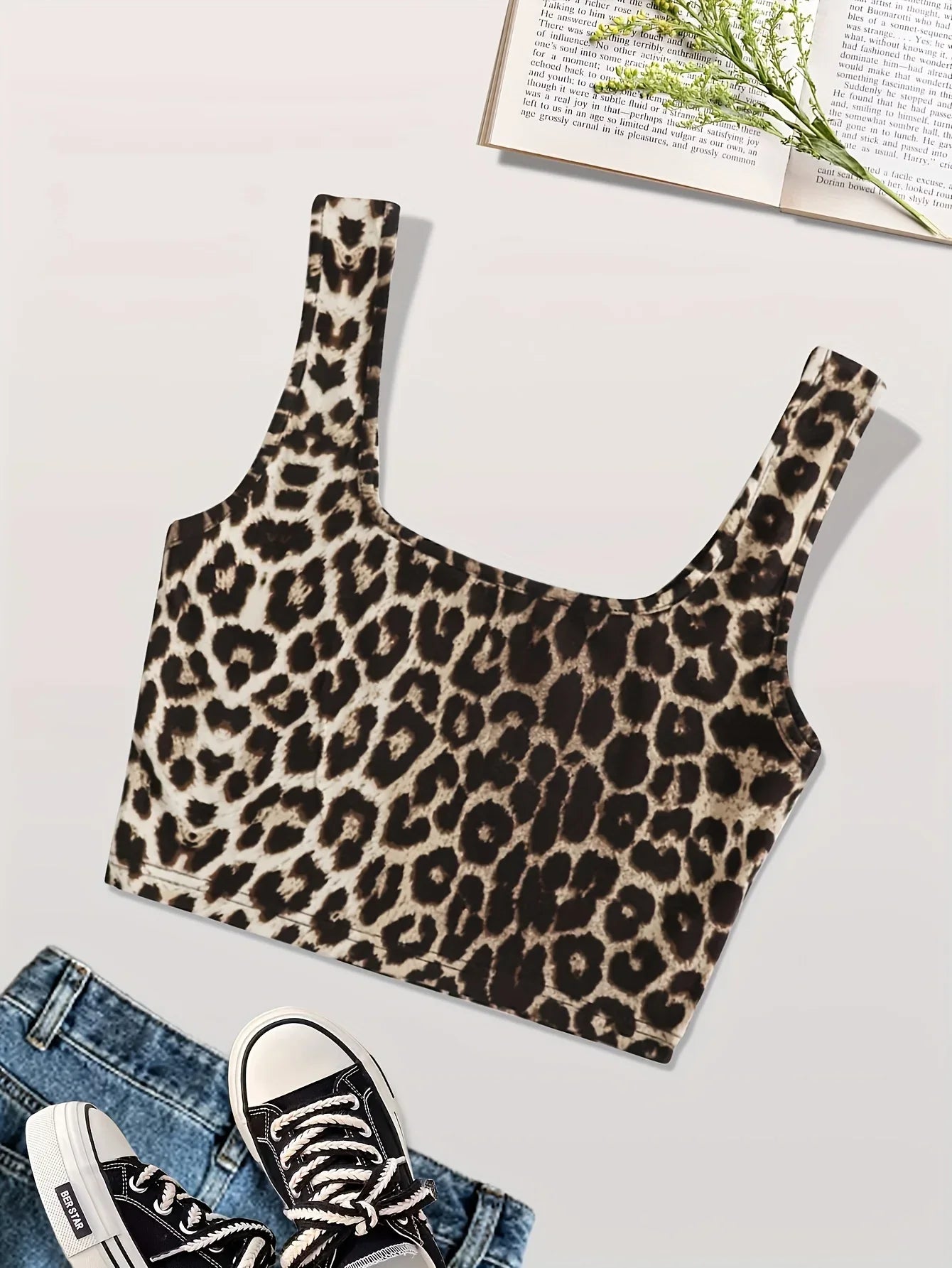 Leopard Print Square Neck Crop Tank Top