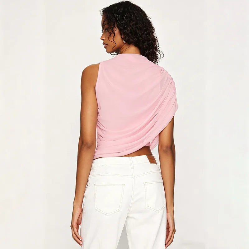 Ins Style One Shoulder Drape Neck Ruched Waist Slim Fit Casual  Tops