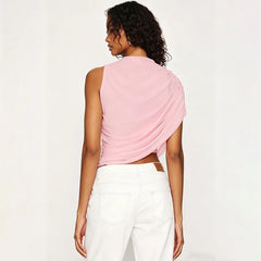 Ins Style One Shoulder Drape Neck Ruched Waist Slim Fit Casual  Tops