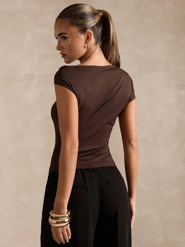 Asymmetrical Pleating Neck Crop Top