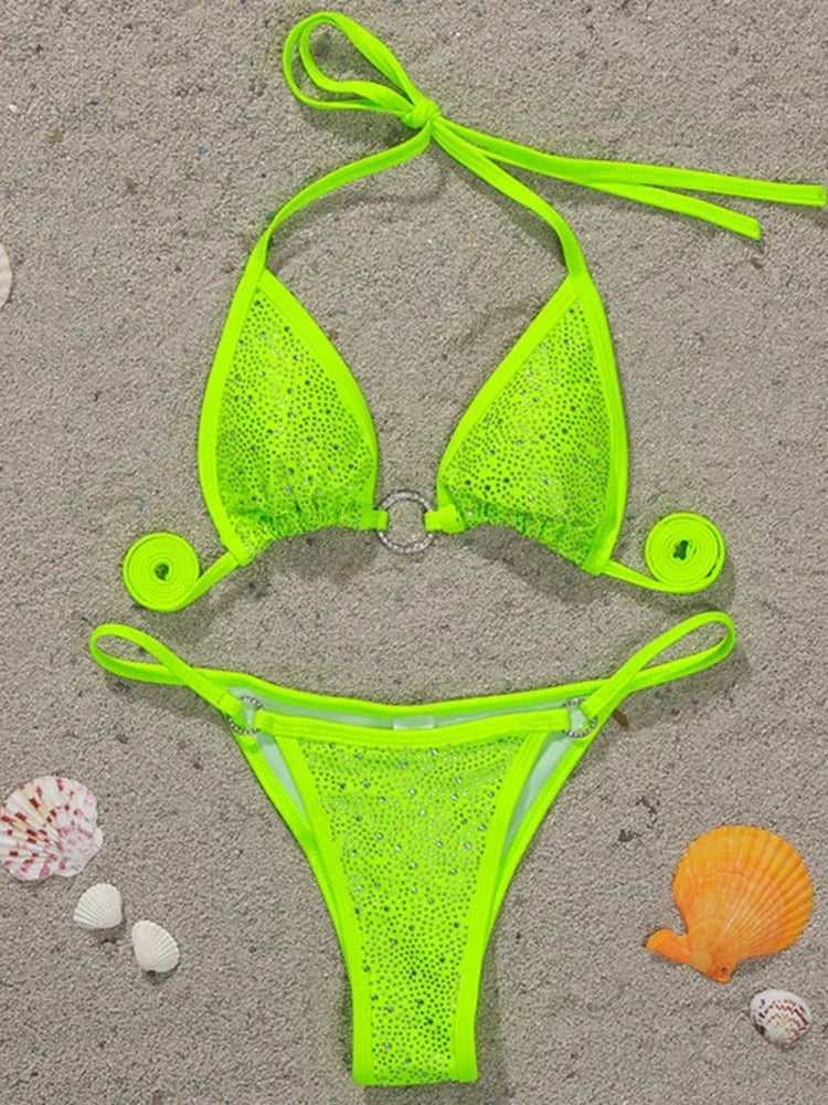 Halter Shiny Rhinestone Diamond Mini Micro Bikini