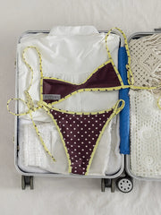 Sexy Coffee Polka Print Patchwork Bikini Set