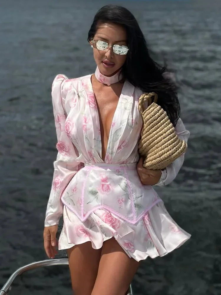 Sexy Pink Printed Satin Mini Dress