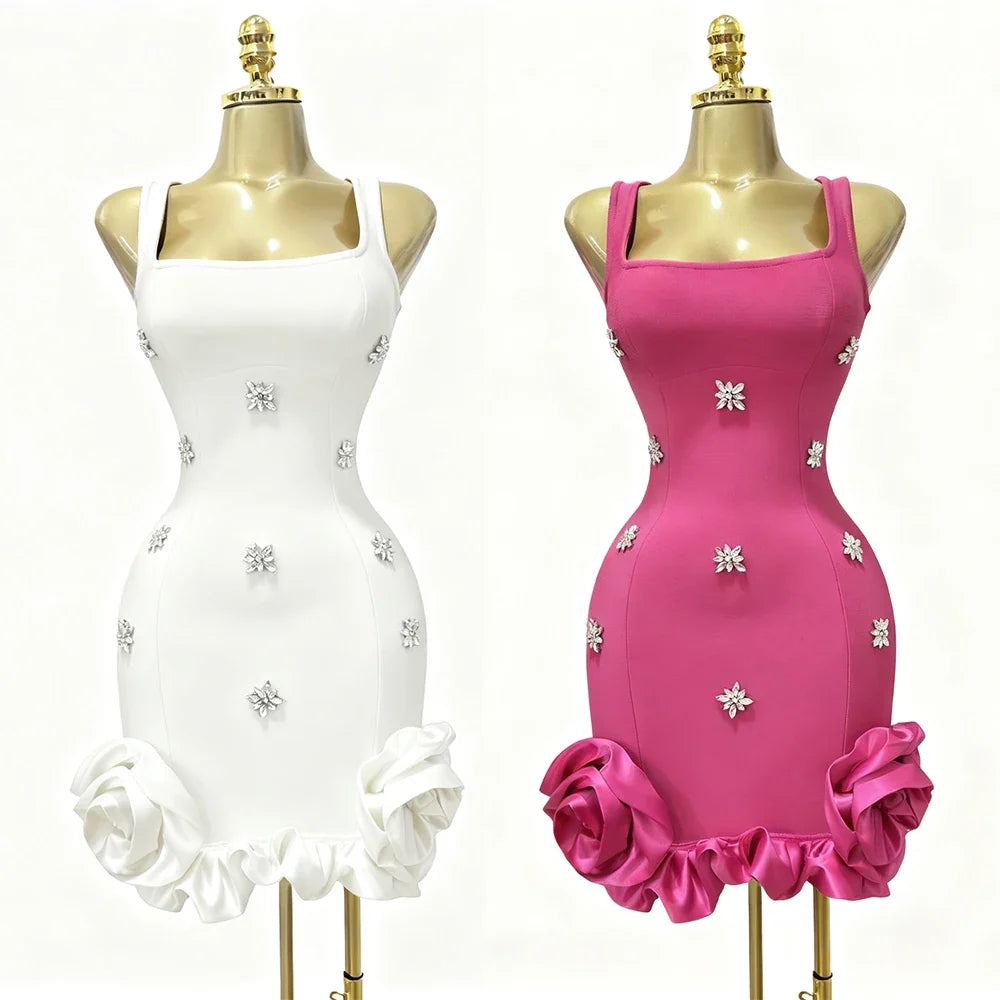Sexy 3D Floral Bodycon Rhinestone Mini Dress