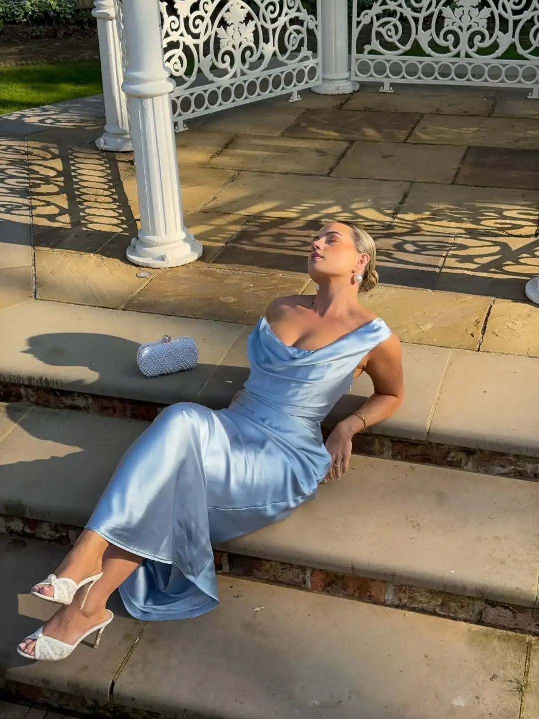 Sexy Light Blue Silky Satin One Shoulder Cowl Neck Draped Maxi Dress